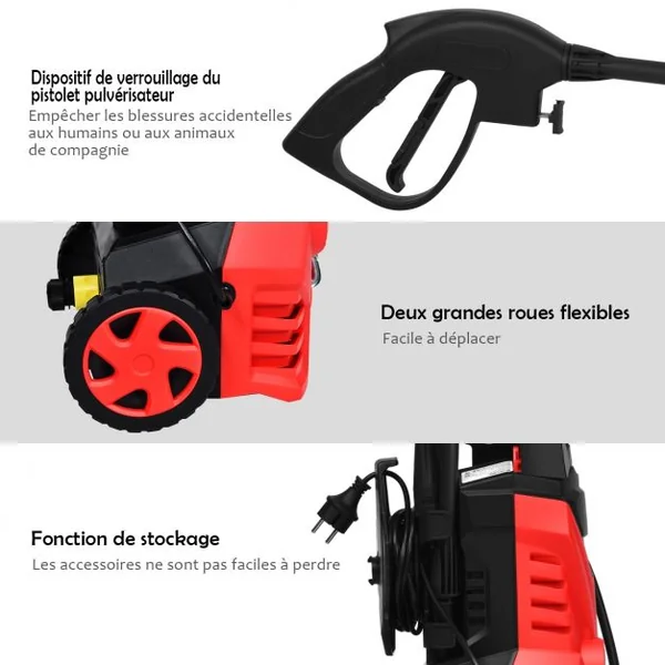 Nettoyeur Haute Pression 1500W 140Bar 300L/H avec 1 Buse Lotus et 1 Buse Haute Pression Accessoires 27x27x68cm Rouge