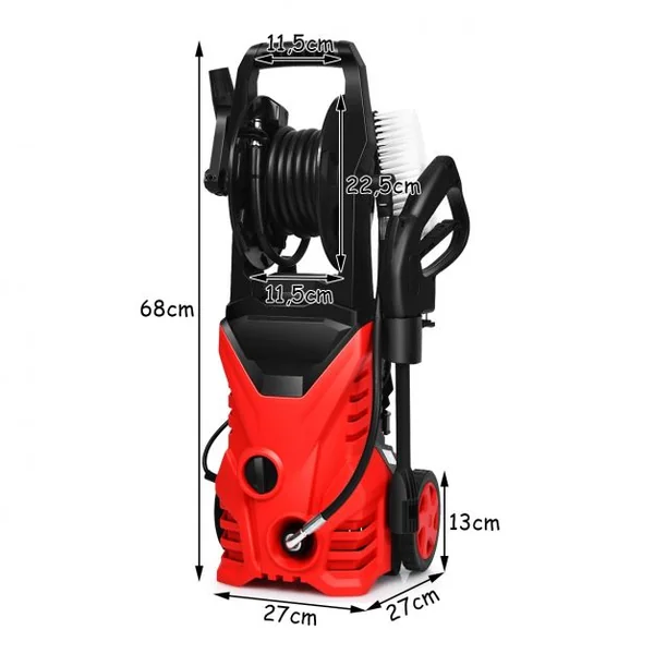 Nettoyeur Haute Pression 1500W 140Bar 300L/H avec 1 Buse Lotus et 1 Buse Haute Pression Accessoires 27x27x68cm Rouge