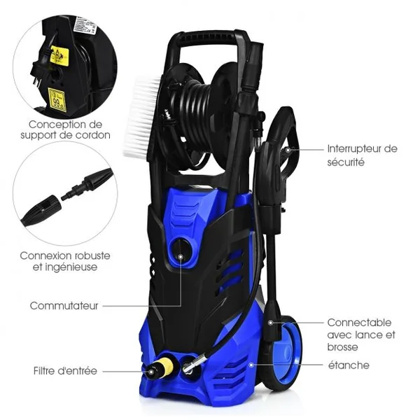 Nettoyeur Haute Pression Electrique 2000 W avec Accessoires Brosses 2030 Psi Débit 6l/min 29x32x113cm Noir+Bleu