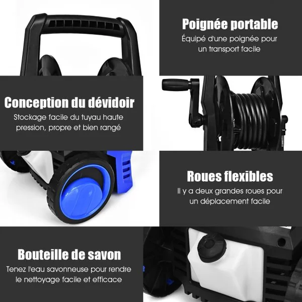 Nettoyeur Haute Pression Electrique 2000 W avec Accessoires Brosses 2030 Psi Débit 6l/min 29x32x113cm Noir+Bleu
