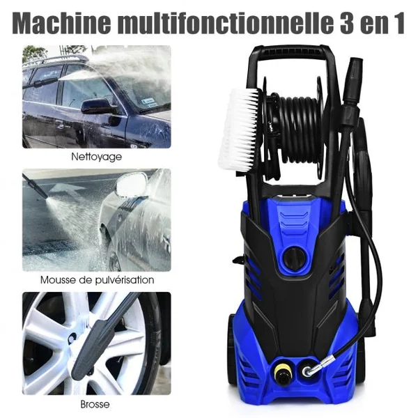 Nettoyeur Haute Pression Electrique 2000 W avec Accessoires Brosses 2030 Psi Débit 6l/min 29x32x113cm Noir+Bleu