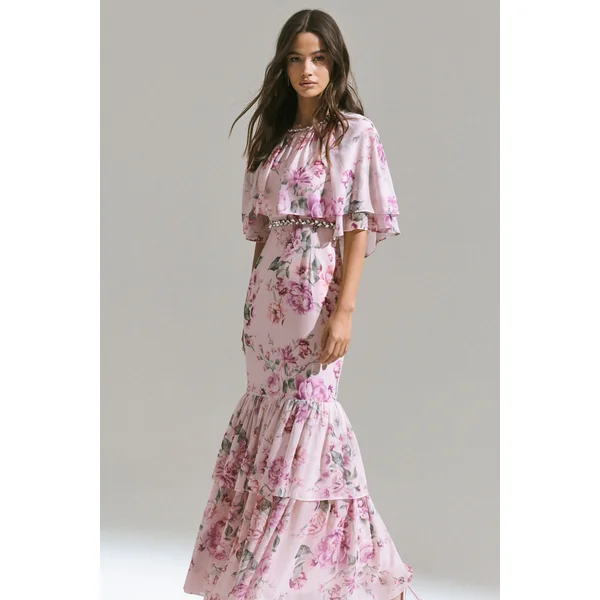 Never Let Go | Robe Longue en Mousseline Imprimé Floral Rose à Manches Longues et Volants
