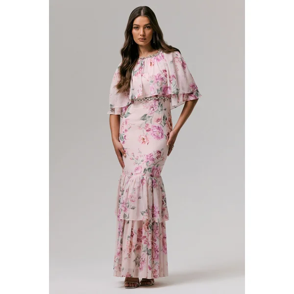 Never Let Go | Robe Longue en Mousseline Imprimé Floral Rose à Manches Longues et Volants
