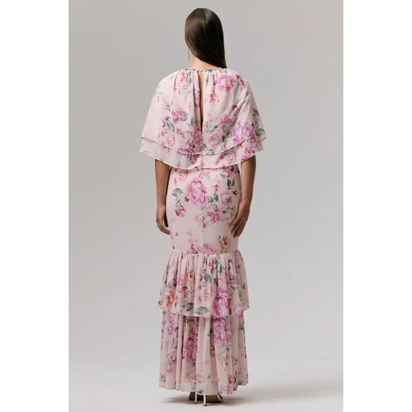 Never Let Go | Robe Longue en Mousseline Imprimé Floral Rose à Manches Longues et Volants