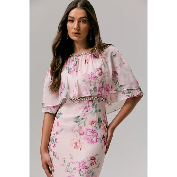 Never Let Go | Robe Longue en Mousseline Imprimé Floral Rose à Manches Longues et Volants