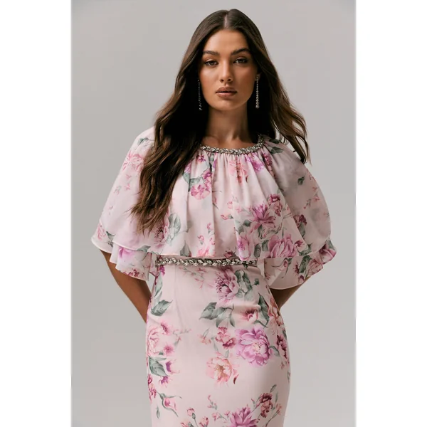 Never Let Go | Robe Longue en Mousseline Imprimé Floral Rose à Manches Longues et Volants