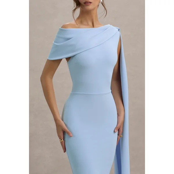 Niamh | Robe mi-longue asymétrique bleu poudré avec drapé.