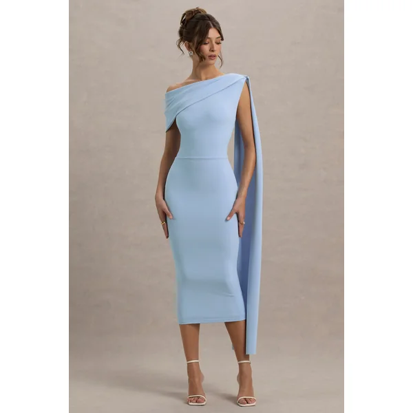 Niamh | Robe mi-longue asymétrique bleu poudré avec drapé.