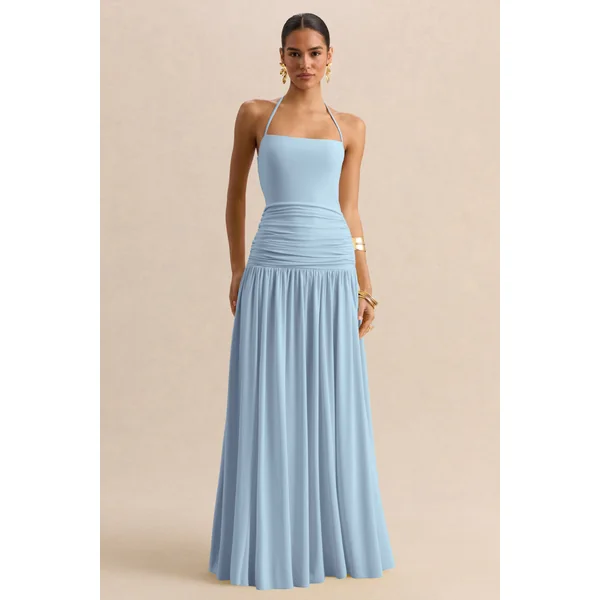 Nicolette | Robe longue bleu poudré à encolure carrée avec détails froncés