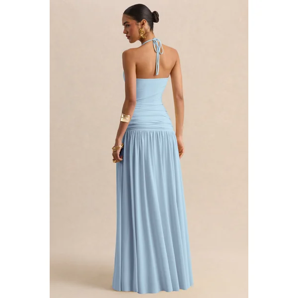 Nicolette | Robe longue bleu poudré à encolure carrée avec détails froncés