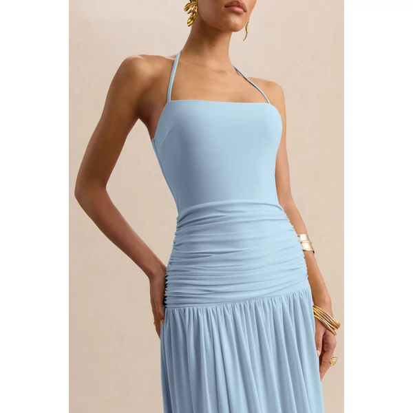 Nicolette | Robe longue bleu poudré à encolure carrée avec détails froncés