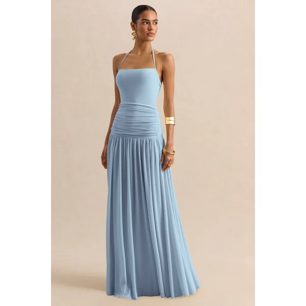 Nicolette | Robe longue bleu poudré à encolure carrée avec détails froncés