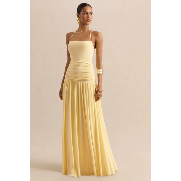 Nicolette | Robe longue citron à encolure carrée avec détails froncés