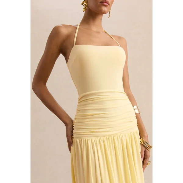 Nicolette | Robe longue citron à encolure carrée avec détails froncés