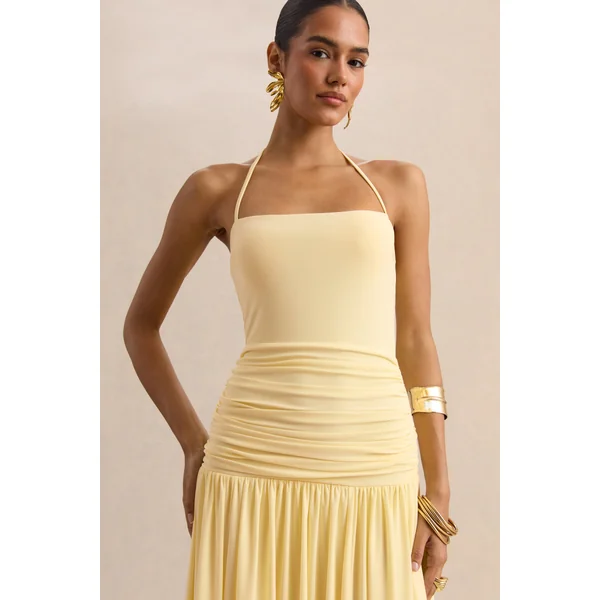 Nicolette | Robe longue citron à encolure carrée avec détails froncés