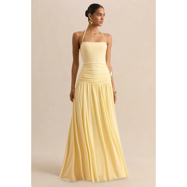 Nicolette | Robe longue citron à encolure carrée avec détails froncés