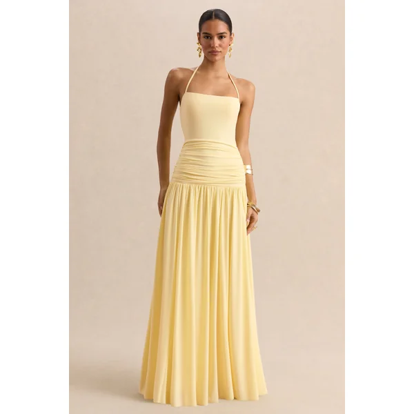 Nicolette | Robe longue citron à encolure carrée avec détails froncés