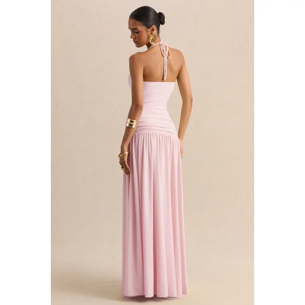 Nicolette | Robe longue rose à encolure carrée avec détails froncés