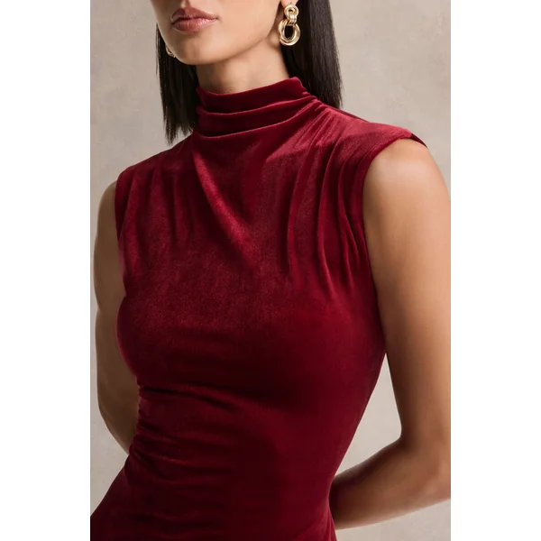 Nivina | robe mi-longue rouge en velours à col montant avec mancherons