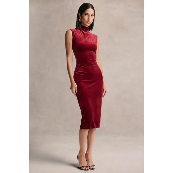 Nivina | robe mi-longue rouge en velours à col montant avec mancherons