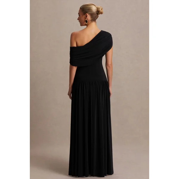 Noah | Robe longue de maternité noire à encolure asymétrique et taille basse