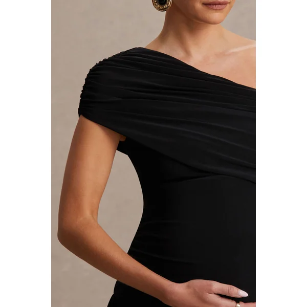 Noah | Robe longue de maternité noire à encolure asymétrique et taille basse