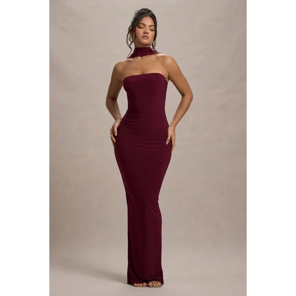 Nobu | Robe longue rouge bordeaux bandeau avec col halter