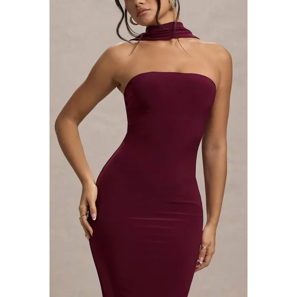 Nobu | Robe longue rouge bordeaux bandeau avec col halter