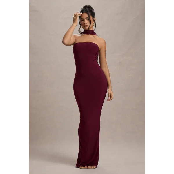 Nobu | Robe longue rouge bordeaux bandeau avec col halter