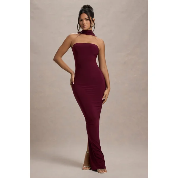 Nobu | Robe longue rouge bordeaux bandeau avec col halter