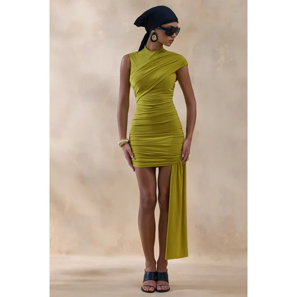 Nocturnal | Mini-Robe Vert Froncée avec Détail de Ceinture