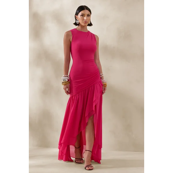 Noelia | Robe longue rose vif à col montant avec détails volantés