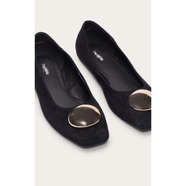 Noir Ballerine En Synthétique Avec Détails Dorés