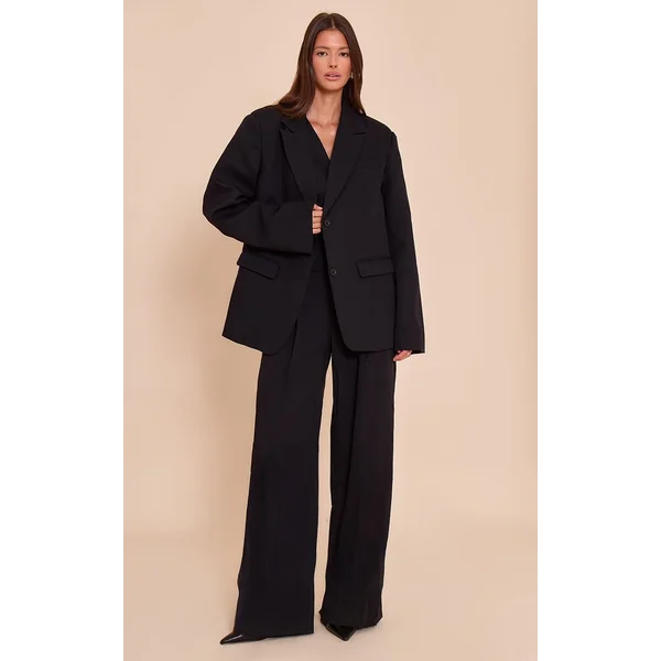 Noir Blazer Dad Oversize Ajusté En Tissu Tissé Coordonné