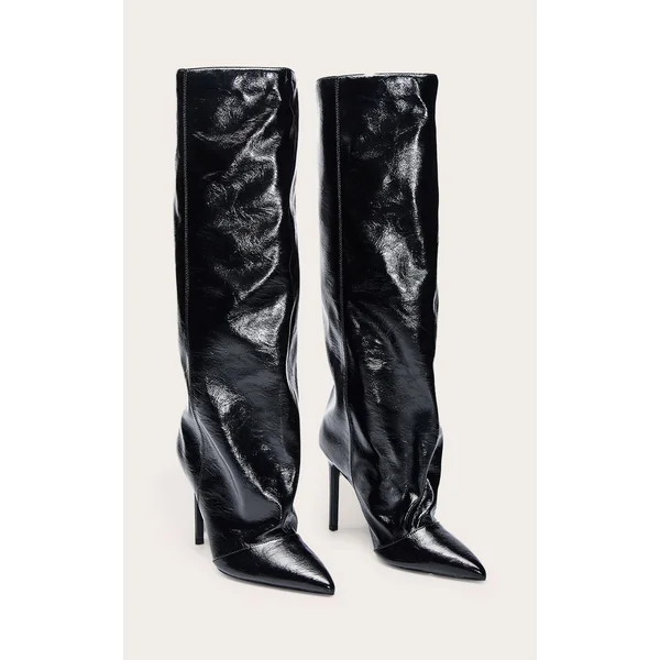 Noir Bottes Au Genou Froncées En Cuir Verni Froissé