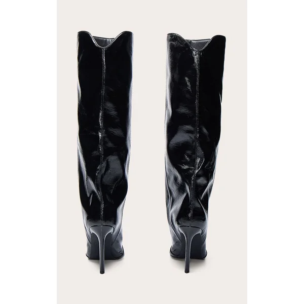 Noir Bottes Au Genou Froncées En Cuir Verni Froissé