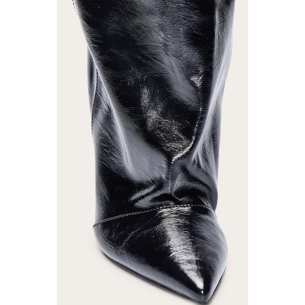 Noir Bottes Au Genou Froncées En Cuir Verni Froissé
