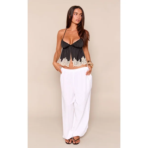 Noir Caraco En Satin Fendu Avec Ourlet En Dentelle Fluide
