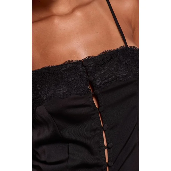 Noir Caraco En Satin À Boutons Avec Détails En Dentelle