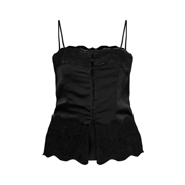 Noir Caraco En Satin À Boutons Avec Détails En Dentelle
