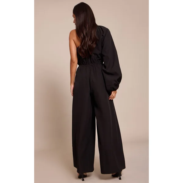 Noir Combinaison En Tissu Tissé À Taille Cintrée Asymétrique