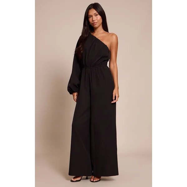Noir Combinaison En Tissu Tissé À Taille Cintrée Asymétrique