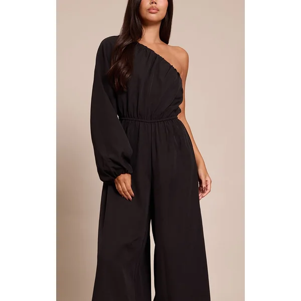 Noir Combinaison En Tissu Tissé À Taille Cintrée Asymétrique