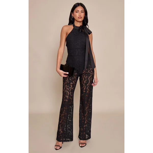 Noir Combinaison Pantalon Droit En Dentelle Avec Nœud