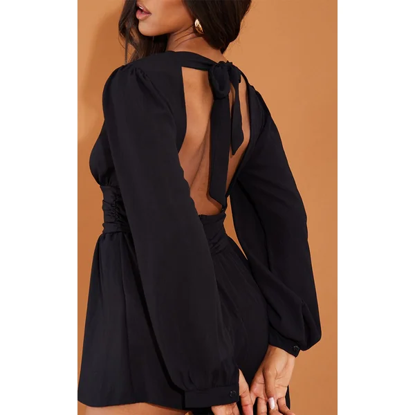 Noir Combinaison-short Texturée À Manches Longues Décolleté Plongeant Et Dos Noué