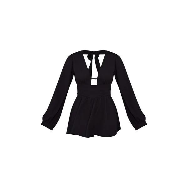 Noir Combinaison-short Texturée À Manches Longues Décolleté Plongeant Et Dos Noué