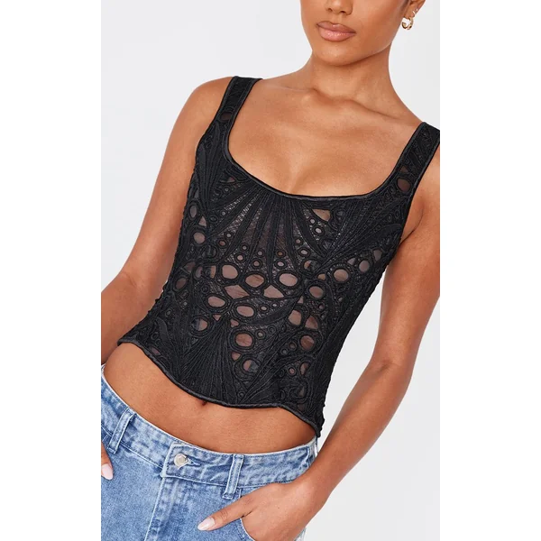 Noir Corset À Encolure Carrée En Voile Texturé À Motifs Floraux