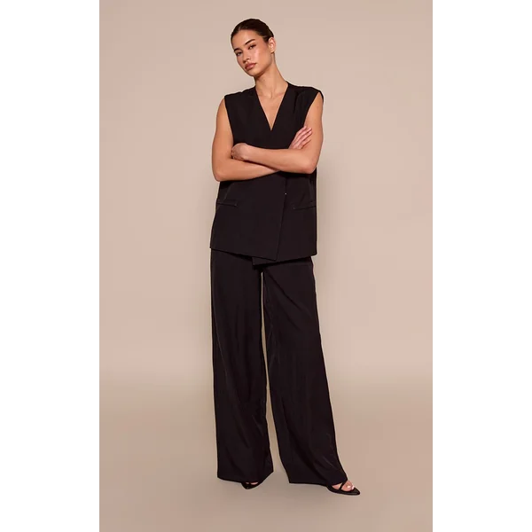 Noir Ensemble Coordonné Gilet Sans Col Tissé Surdimensionné À Épaulettes