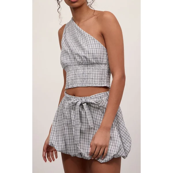 Noir Ensemble Coordonné Jupe Bouffante À Carreaux Avec Taille Nouée