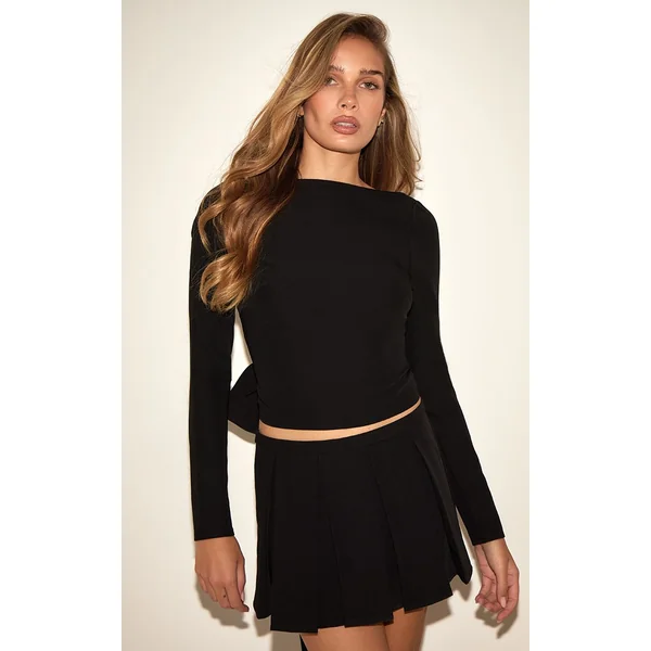 Noir Ensemble Coordonné Jupe Micro Mini Plissée En Tissu Tissé Ajusté